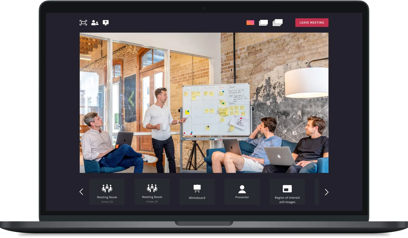 The AMLOS interface on a laptop: a meeting room seen from one camera, with selectable views for the room, the whiteboard, the presenter and a region of interest