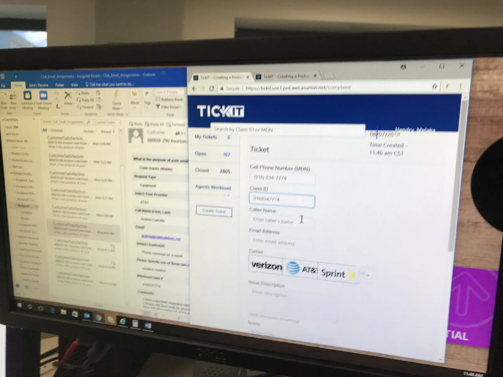 The TickIt ticket view open in a browser, a call-logging form beside an inbox
