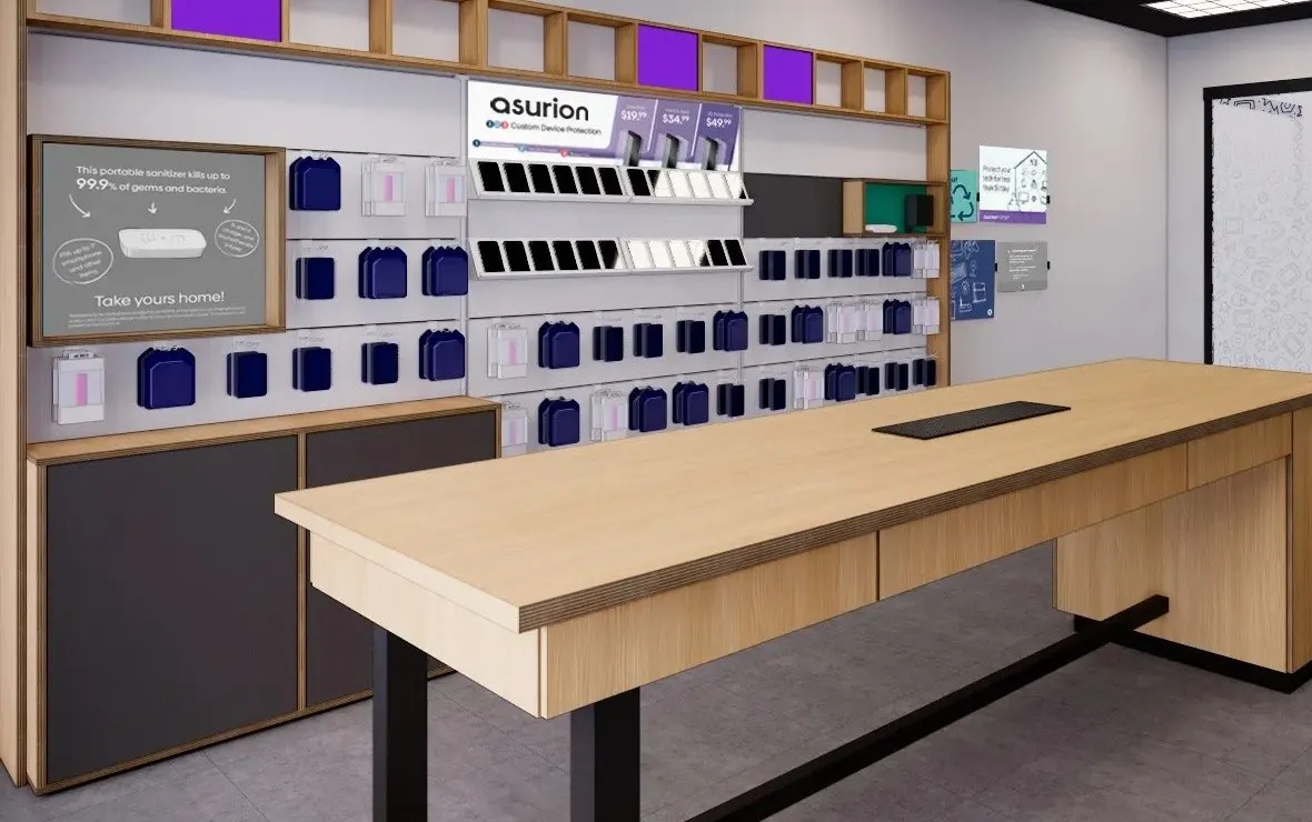 The work bench and accessory wall in detail: an open bench with no counter between staff and customers