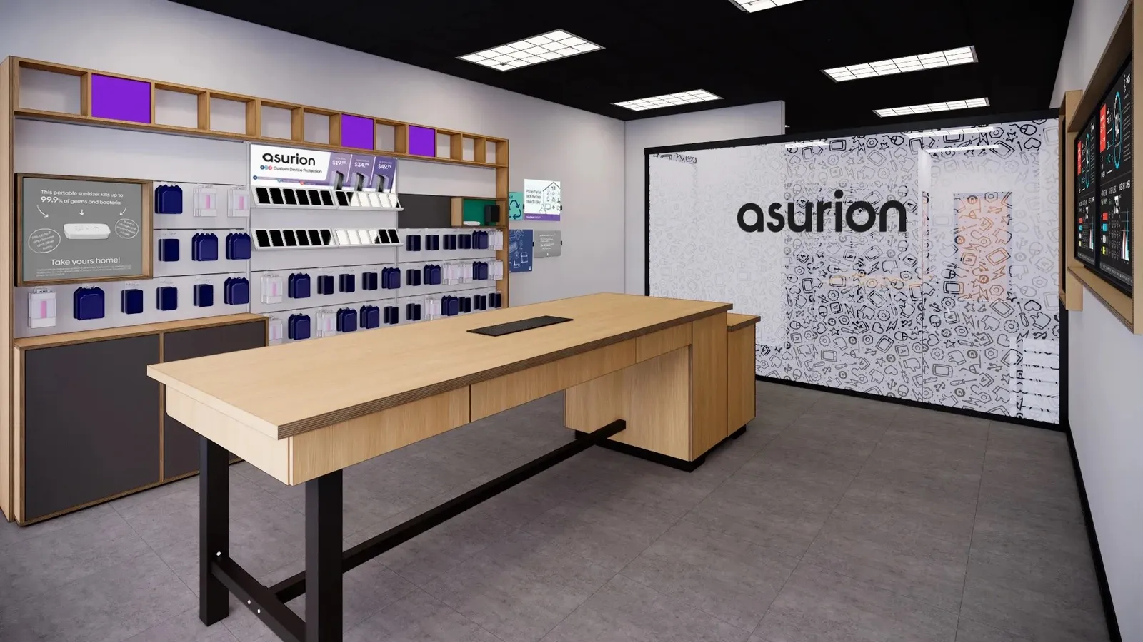 A rendering of a redesigned Asurion store: a long wooden work bench, accessory shelving and a patterned brand wall