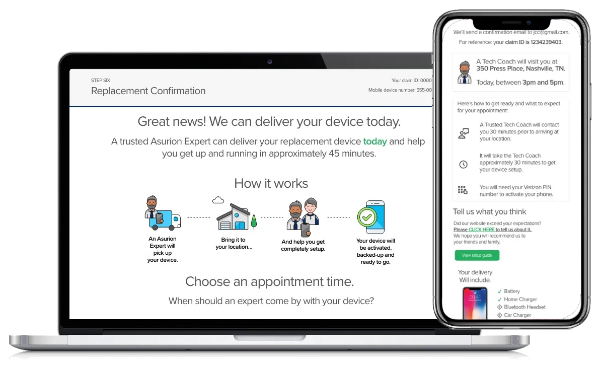 The same-day replacement flow on a laptop and phone: a delivery confirmation, the steps involved and the appointment details